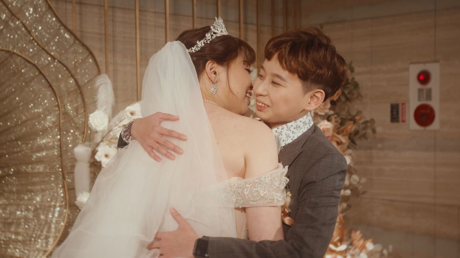 The couple in a warm embrace